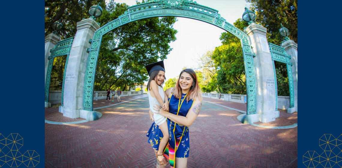 Melinda Perez with her daughter in front of Sather Gate