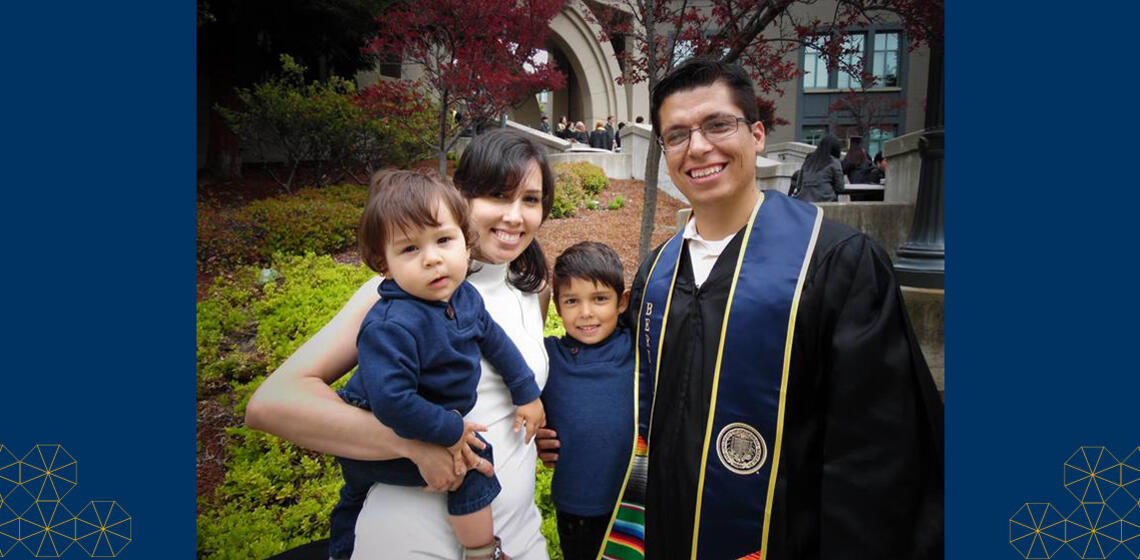 Lonjino Lozano family with their two children in front of Haas School of Business